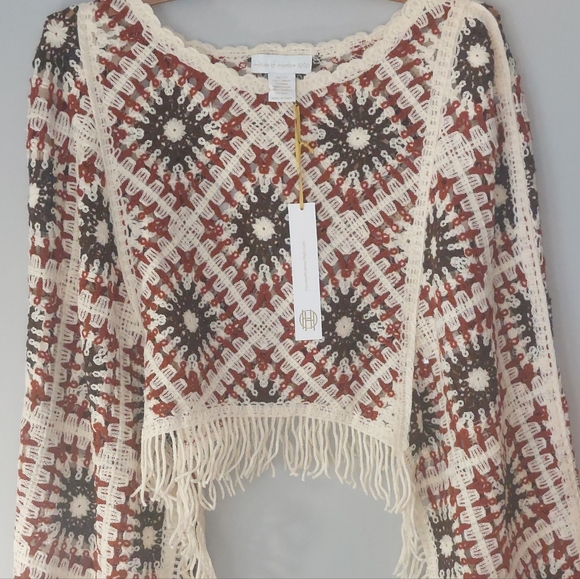 NWT House of Harlow fringe GRANNY Square poncho style Hippie shirt bouse top - Picture 3 of 7